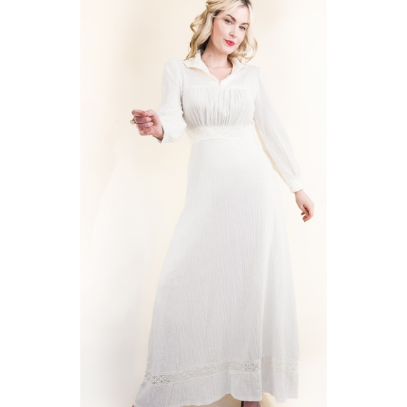 70s Ivory Cotton Gauze Crochet Trim VTG Maxi Dress - Picture 13 of 16